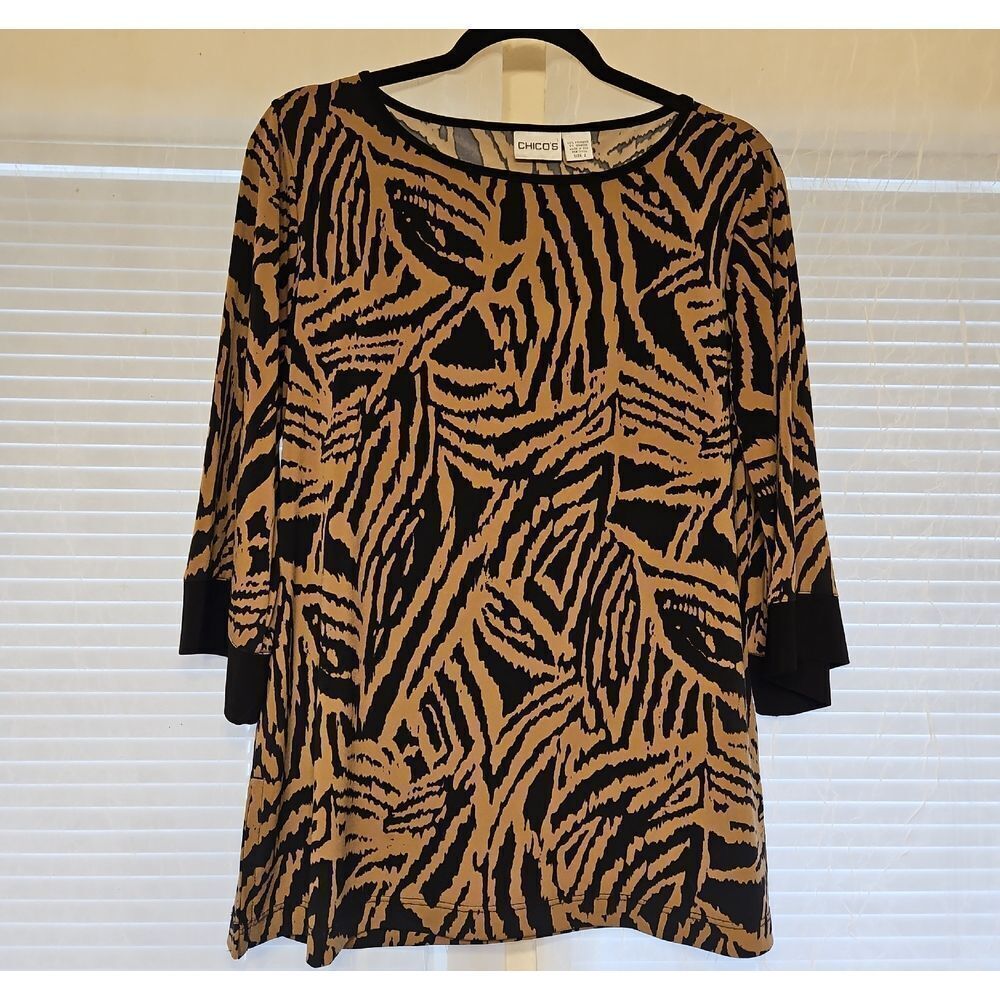 Chico's Zebra Print Black and Tan Tunic Blouse